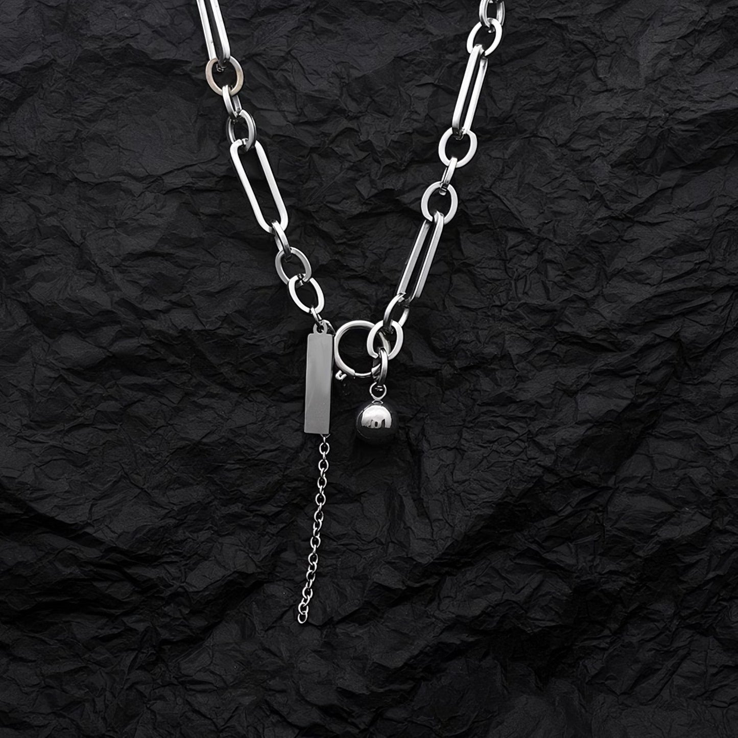 ペーパークリップチェーン ボール&スクエア チタンネックレス / Paper Clip Chain Ball Square Titanium Necklace