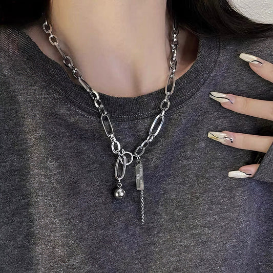 ペーパークリップチェーン ボール&スクエア チタンネックレス / Paper Clip Chain Ball Square Titanium Necklace