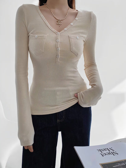 Vネック ポケット付き 長袖Tシャツ / V-Neck Pocket Long Sleeve Top