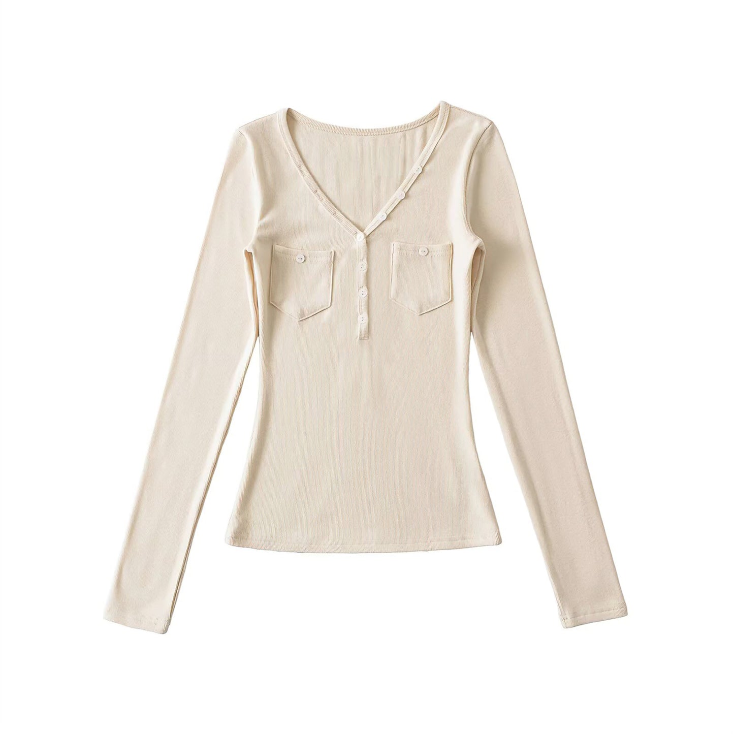 Vネック ポケット付き 長袖Tシャツ / V-Neck Pocket Long Sleeve Top