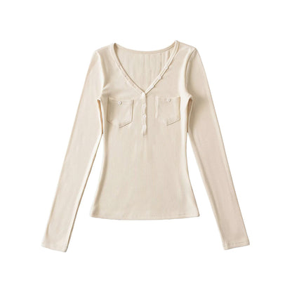 Vネック ポケット付き 長袖Tシャツ / V-Neck Pocket Long Sleeve Top
