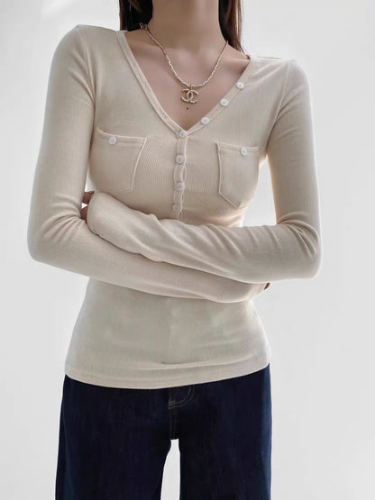 Vネック ポケット付き 長袖Tシャツ / V-Neck Pocket Long Sleeve Top