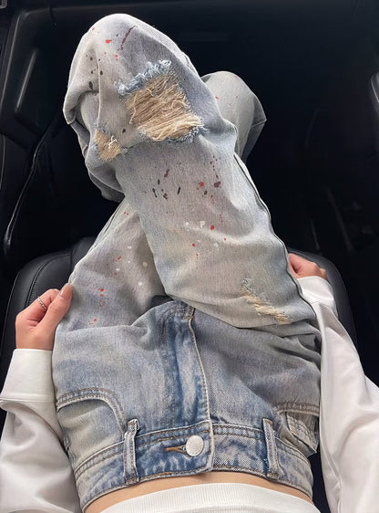 ペインテッドウォッシュ ダメージ ハイウエストデニム / Painted Wash Damage High Waist Denim