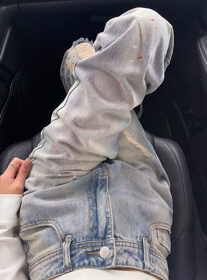 ペインテッドウォッシュ ダメージ ハイウエストデニム / Painted Wash Damage High Waist Denim