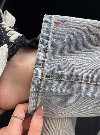 ペインテッドウォッシュ ダメージ ハイウエストデニム / Painted Wash Damage High Waist Denim