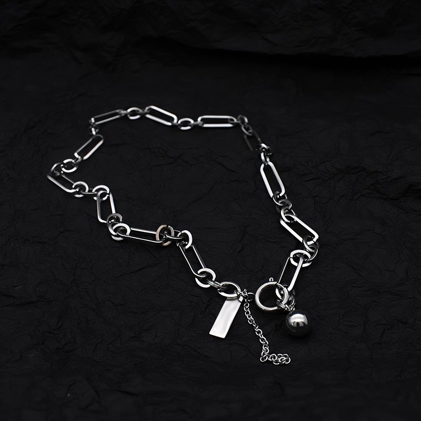 ペーパークリップチェーン ボール＆スクエア チタンネックレス / Paper Clip Chain Ball Square Titanium Necklace