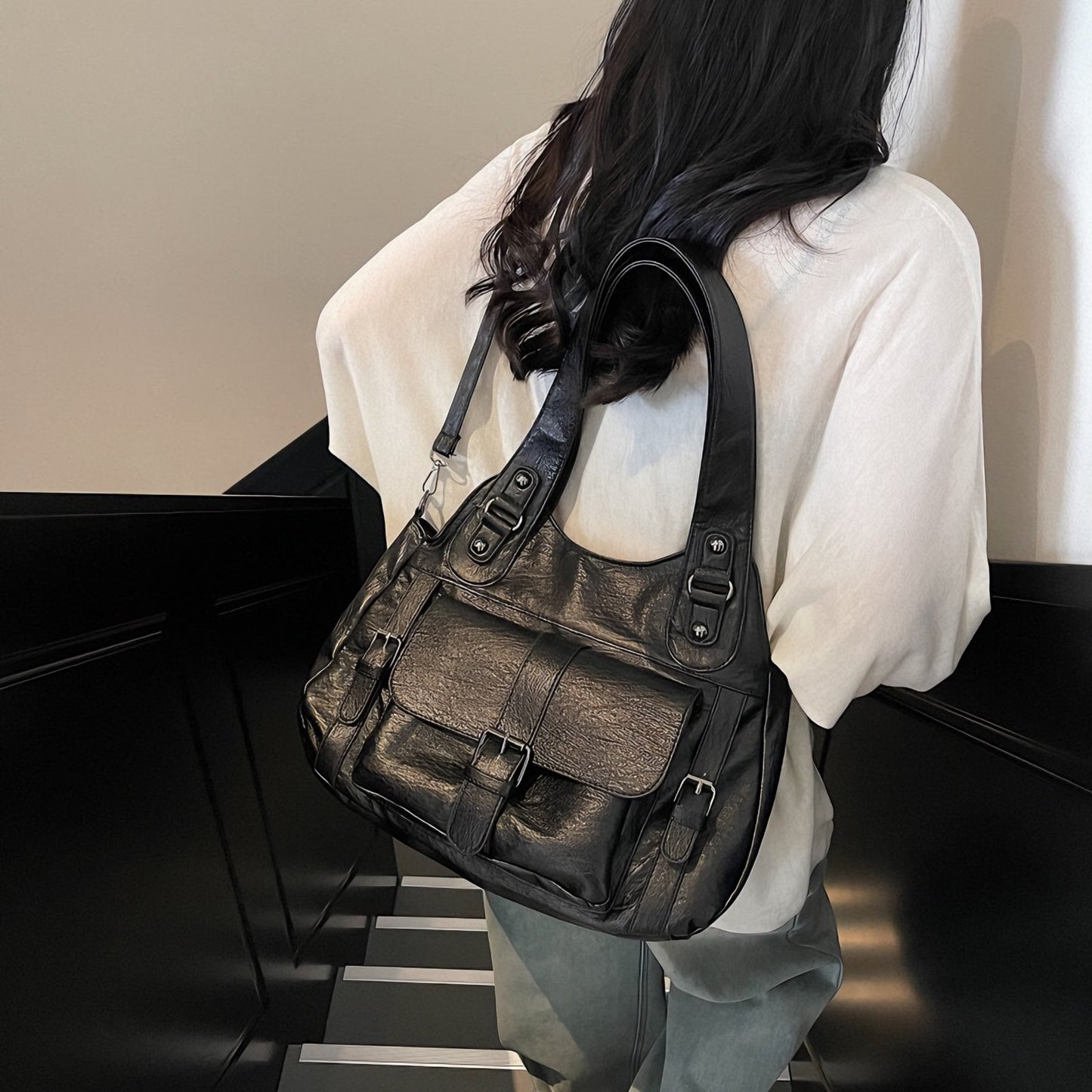 ヴィンテージ 3WAY 大容量 PUレザートートバッグ / Vintage 3WAY Large PU Tote Bag