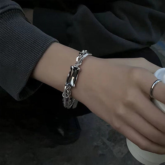グレークリスタル 多層チェーン チタンブレスレット / Gray Crystal Layered Chain Titanium Bracelet