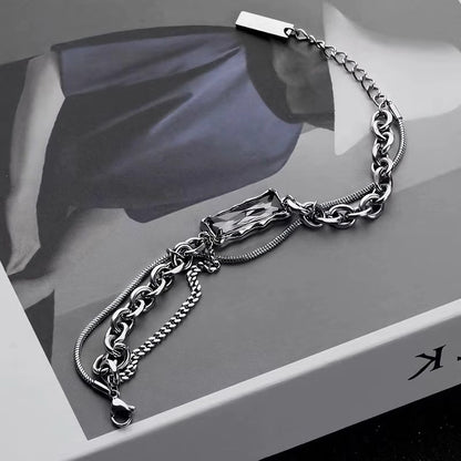 グレークリスタル 多層チェーン チタンブレスレット / Gray Crystal Layered Chain Titanium Bracelet