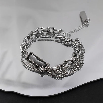 グレークリスタル 多層チェーン チタンブレスレット / Gray Crystal Layered Chain Titanium Bracelet