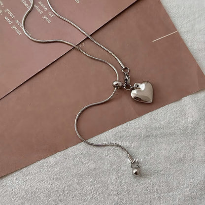 ハートチャーム 抽拉式 ロングチタンネックレス / Heart Charm Adjustable Long Titanium Necklace